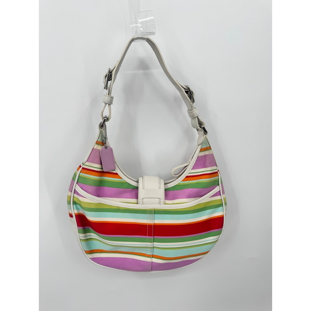 Coach Soho Shoulder Bag Womens Small Multi-Color Striped Y2K Canvas Leather - Picture 7 of 16